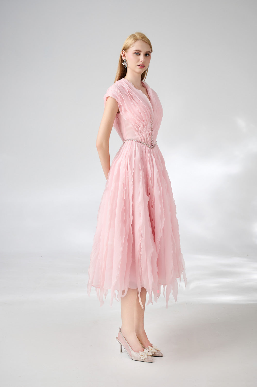 Calhoun Fit and Flare V-Neck Organza Midi Dress