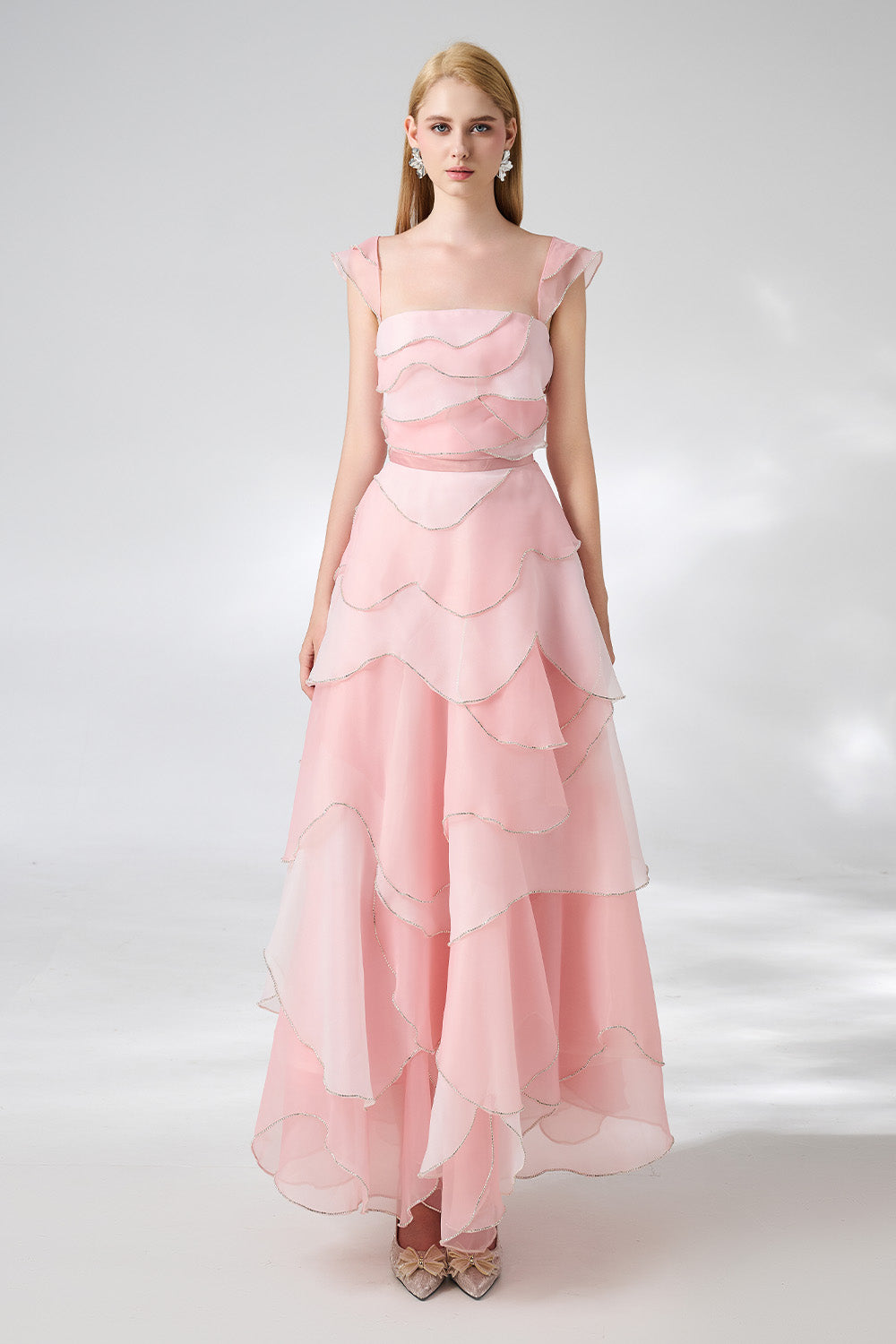 Women's Copeland Layered Cap Sleeved Organza Ankle Length Dress XS/S/M/L/XL/Customize Pink Women's Copeland Layered Cap Sleeved Organza Ankle Length Dress XS/S/M/L/XL/Customize Pink