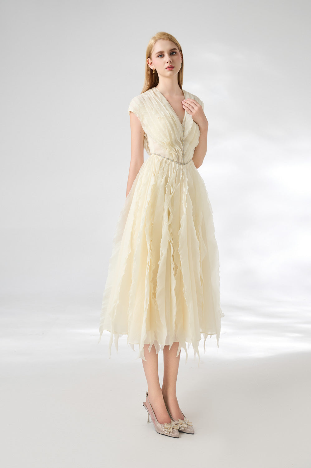 Calhoun Fit and Flare V-Neck Organza Midi Dress