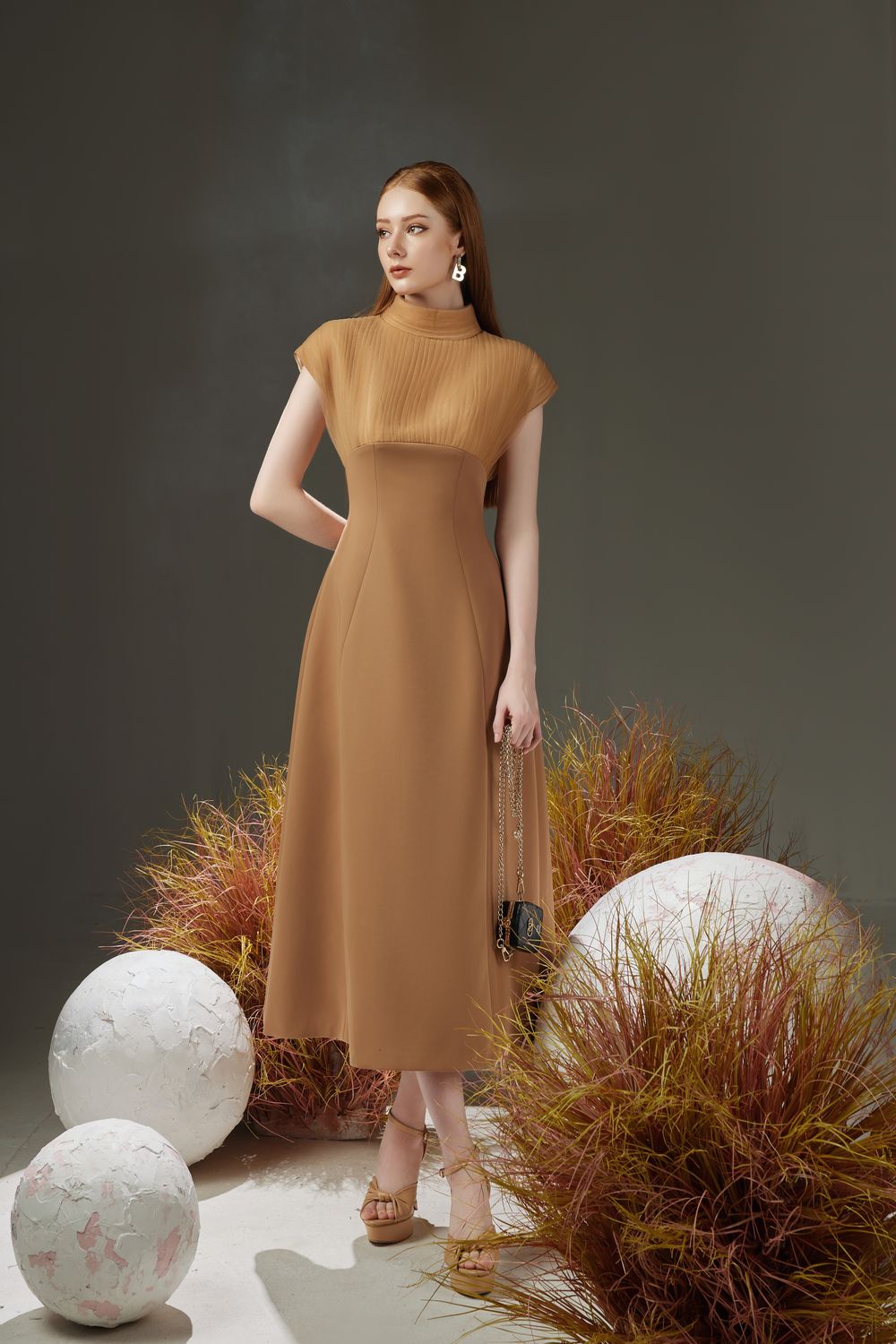Butler A-line Pleated Chest Taffeta Silk Midi Dress
