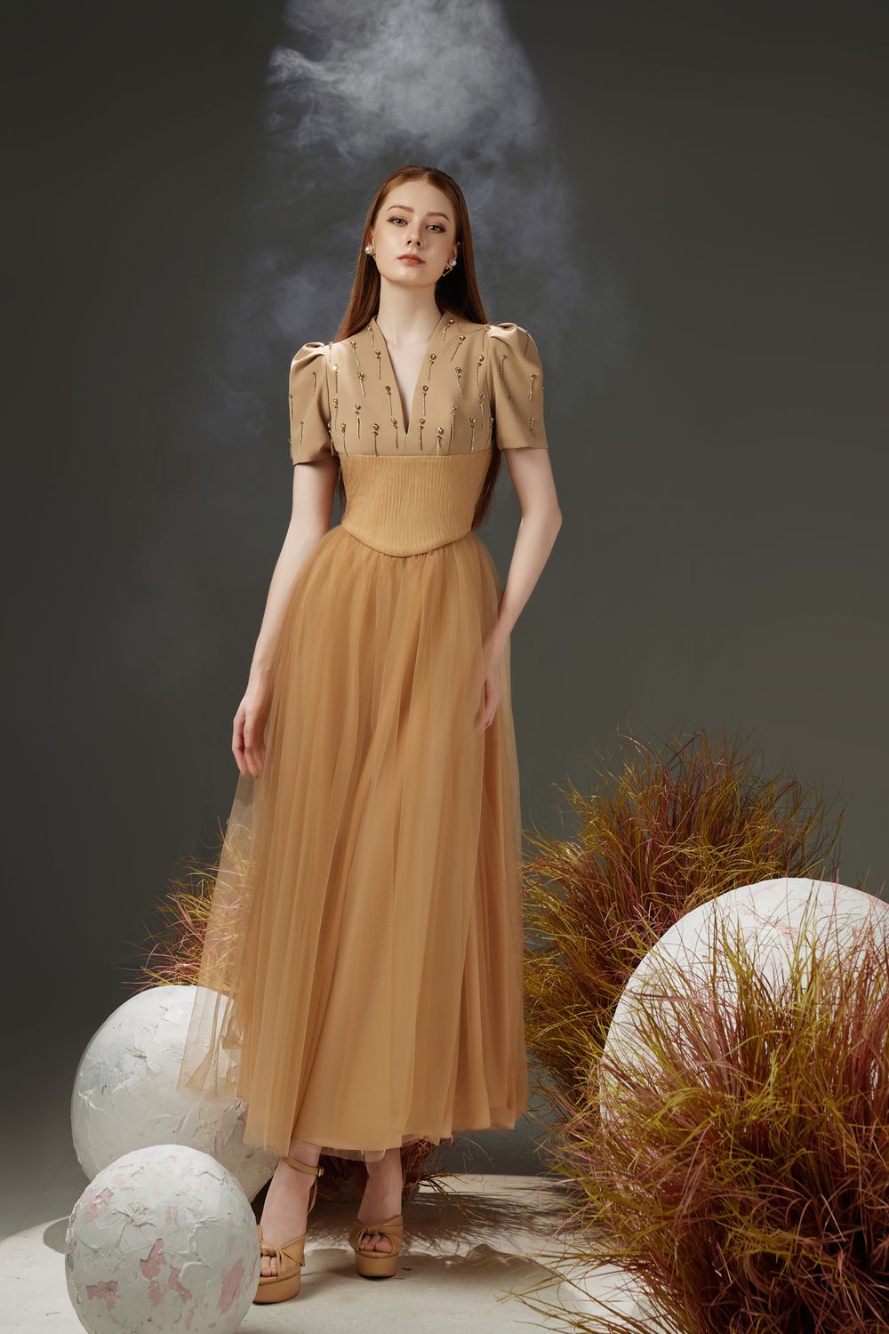 Cosmo Gathered V-Neck Mesh Taffeta Ankle Length Dress