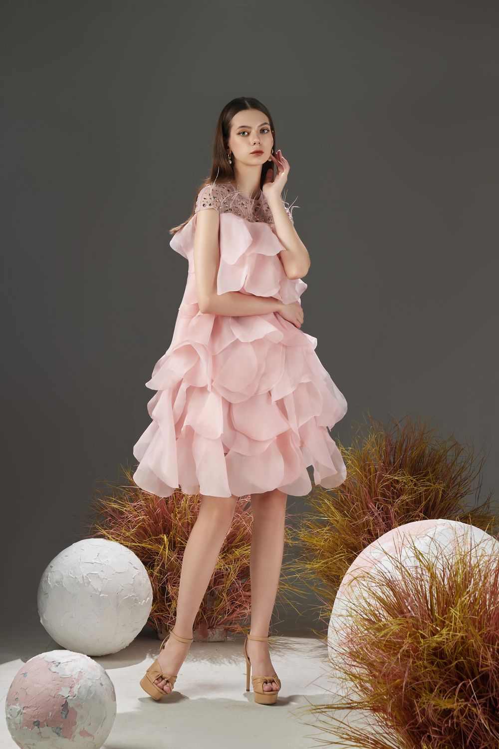 Jenny Layered Round Neck Organza Knee-length Dress