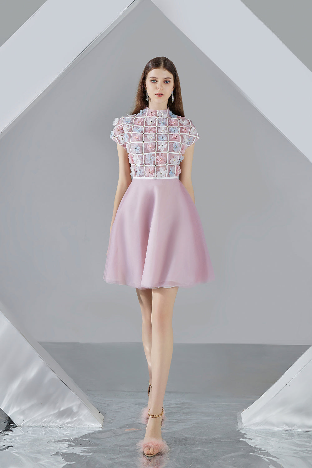 Macy A-line Short Sleeved Organza Mini Dress