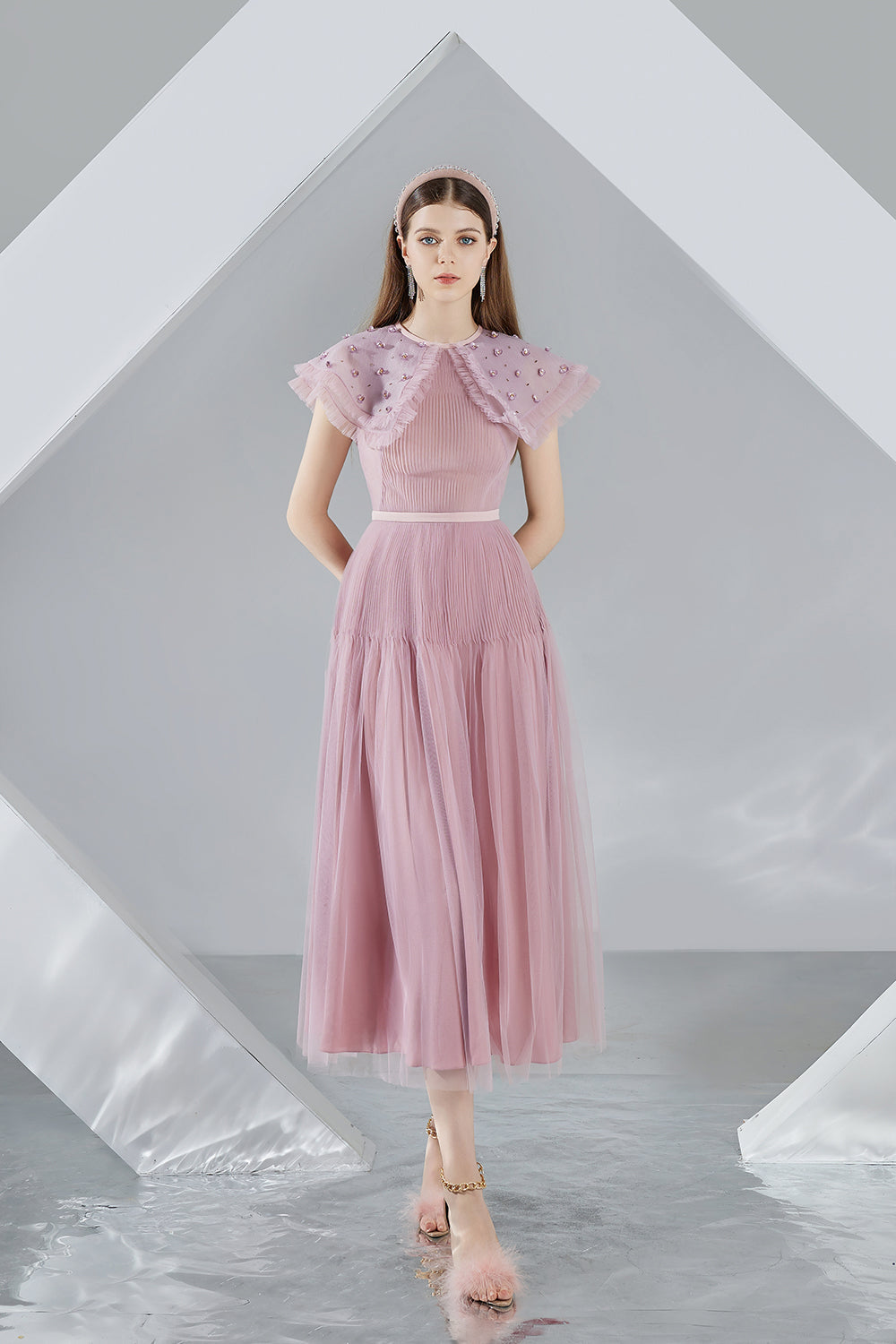 Women's Jully Gathered Round Neck Organza Midi Dress S/M/L/XL Pink Women's Jully Gathered Round Neck Organza Midi Dress S/M/L/XL Pink
