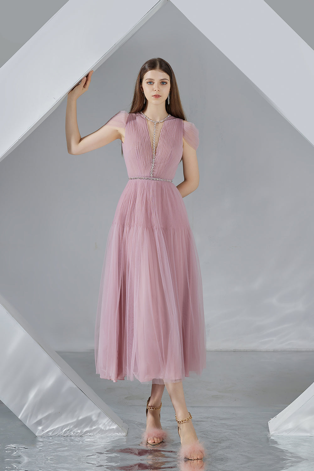 Women's Florence Pleated Puffy Sleeved Organza Midi Dress S/M/L/XL Caramel Brown/Pink – Happy Clothing Women's Florence Pleated Puffy Sleeved Organza Midi Dress S/M/L/XL Caramel Brown/Pink – Happy Clothing