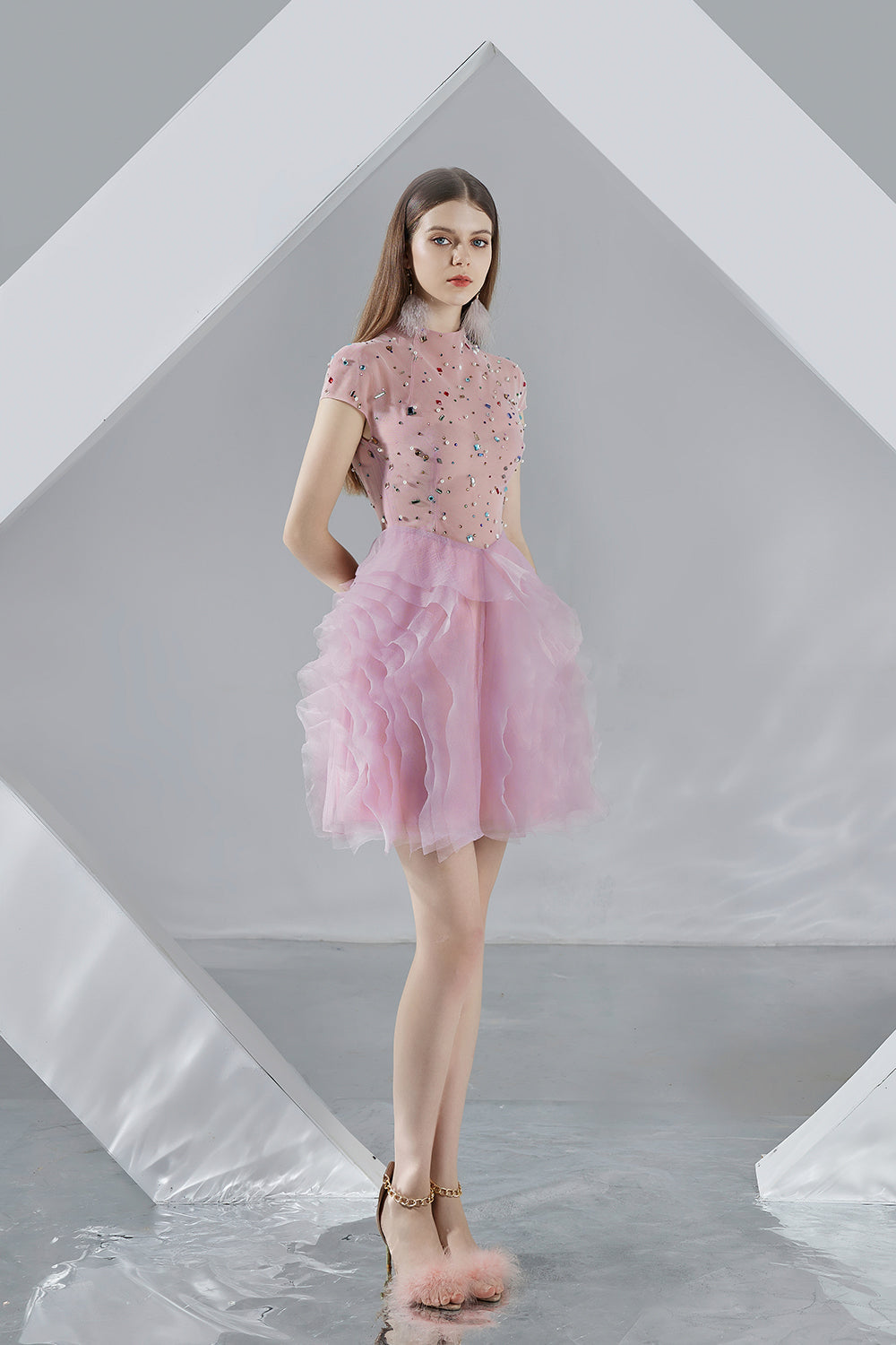ruffle layered mini dress Women's Emerie Layered Short Sleeved Organza Mini Dress S/M/L/XL Pink