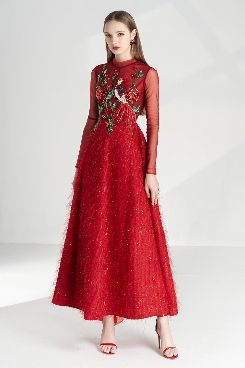 red dress with embroidered flowers Sheer Embroidered Dress With Intricate Floral Pattern - Red