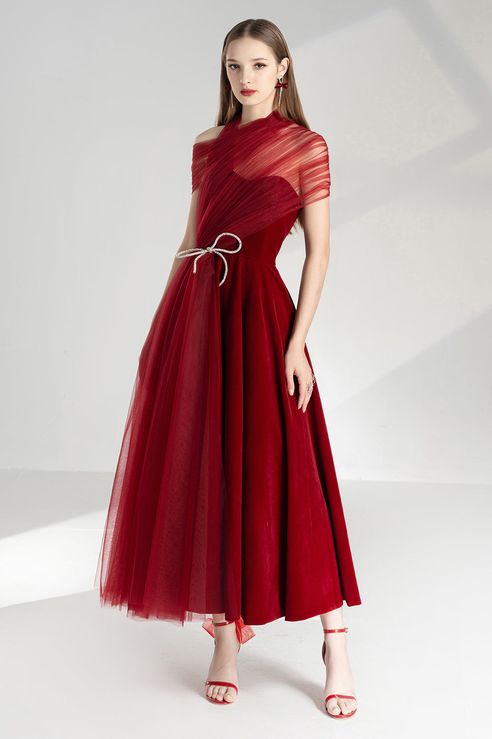 Women's Leslie Fit and Flare Crossover Mesh Taffeta Midi Dress XS/S/M/L/XL Brown/Black/Purple Pink/Pink/Red Women's Leslie Fit and Flare Crossover Mesh Taffeta Midi Dress XS/S/M/L/XL Brown/Black/Purple Pink/Pink/Red