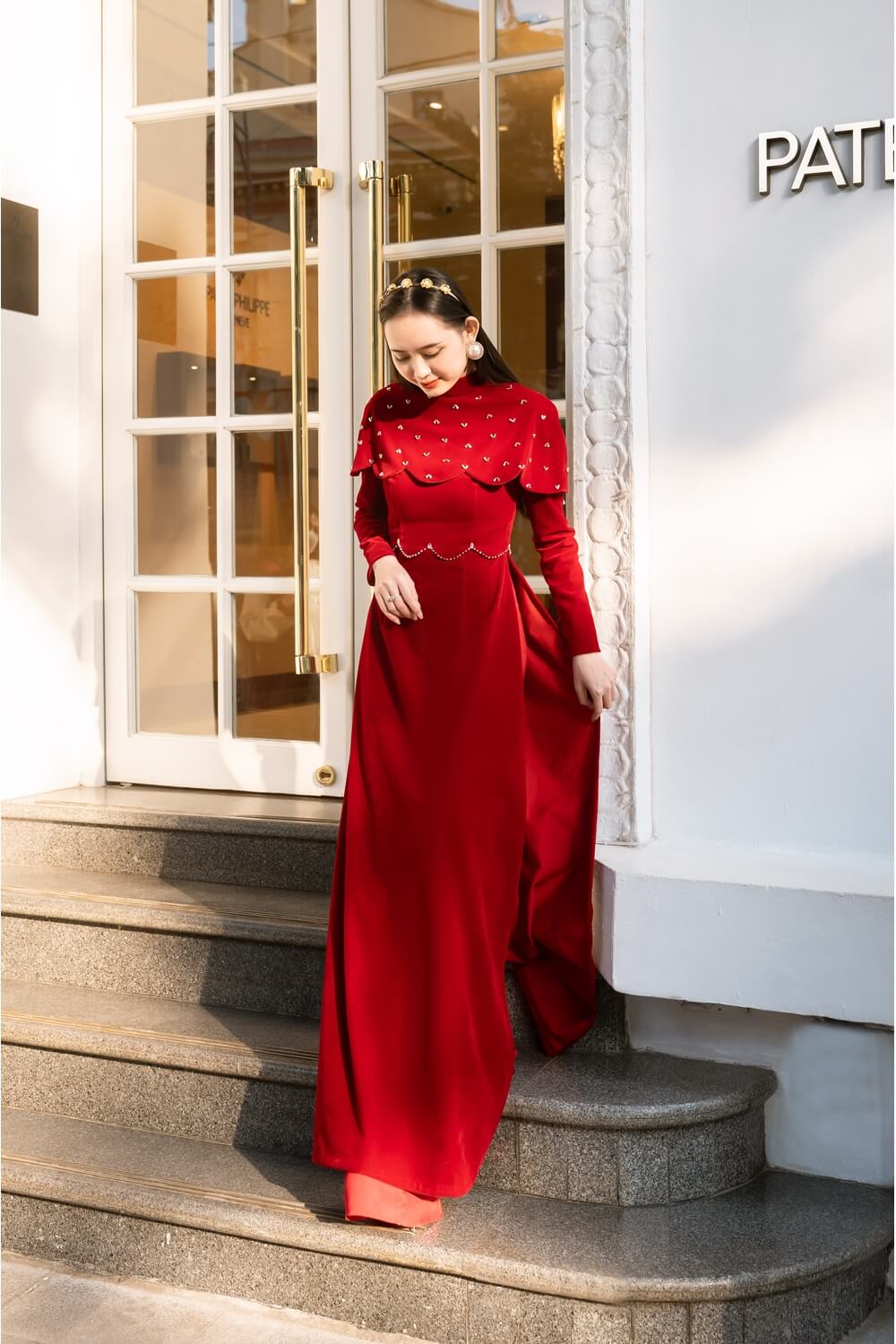 Women's Alaia Fitted Cape Shoulder Velvet Long Length Ao Dai S/M/L/XL Red – Happy Clothing Women's Alaia Fitted Cape Shoulder Velvet Long Length Ao Dai S/M/L/XL Red – Happy Clothing