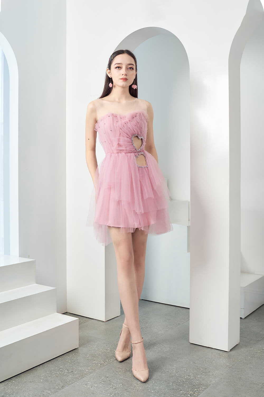 pink mini cut out dress Santiago Cut-Out Ruffle Mini Dress Blush