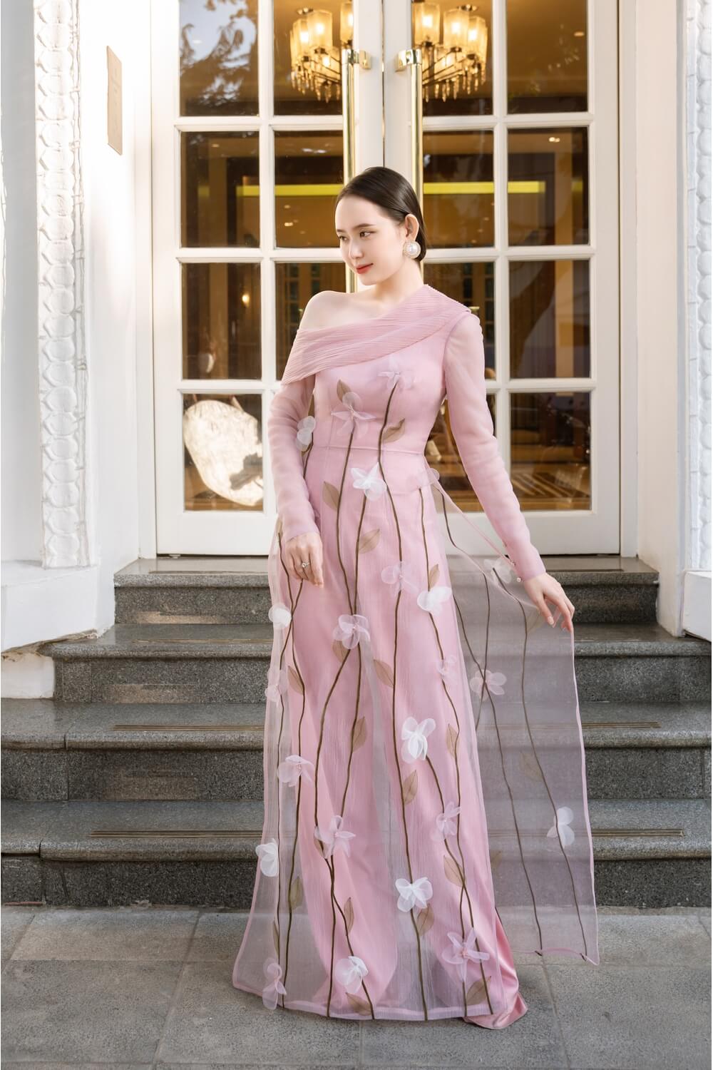 Women's Eden Fitted One Shoulder Organza Long Length Ao Dai S/M/L/XL Pink Happy Clothing Women's Eden Fitted One Shoulder Organza Long Length Ao Dai S/M/L/XL Pink Happy Clothing