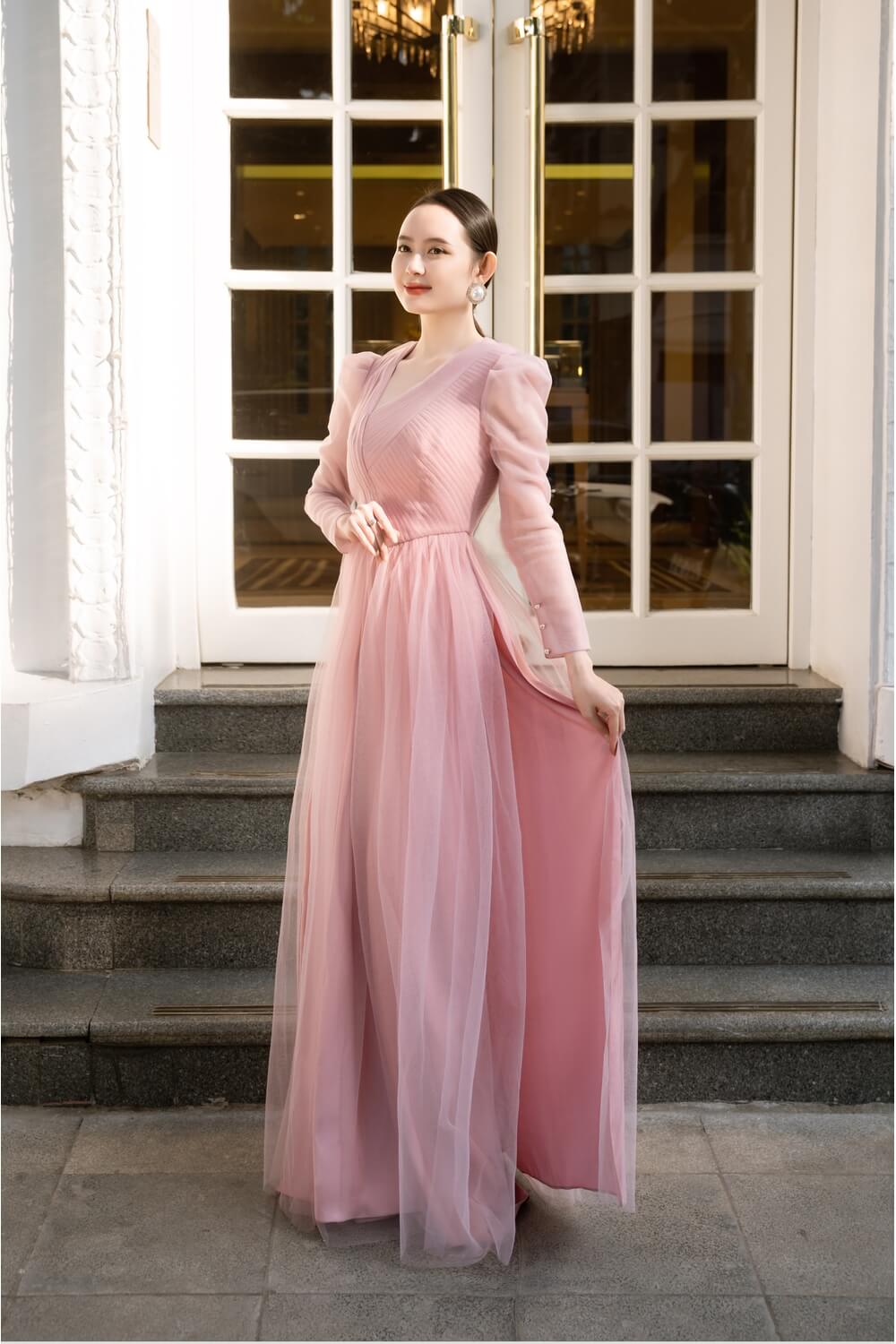 Women's Maeve Fitted Flower Applique Mesh Sheer Long Length Ao Dai S/M/L/XL Pink Happy Clothing Women's Maeve Fitted Flower Applique Mesh Sheer Long Length Ao Dai S/M/L/XL Pink Happy Clothing