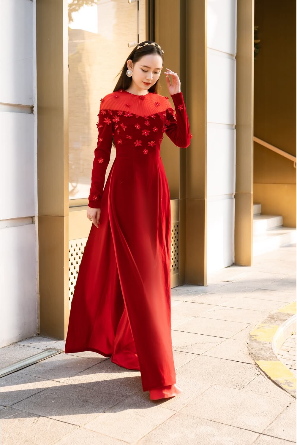 Remi Fitted Flower Applique Velvet Long Length Ao Dai