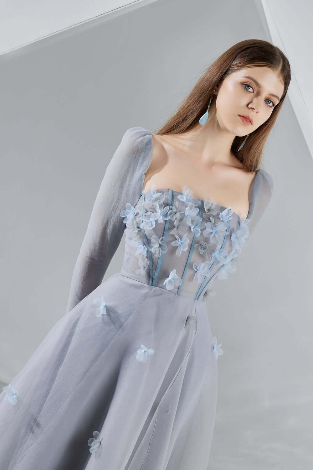 Hayley Flared Long Sleeved Organza Ankle Length Dress