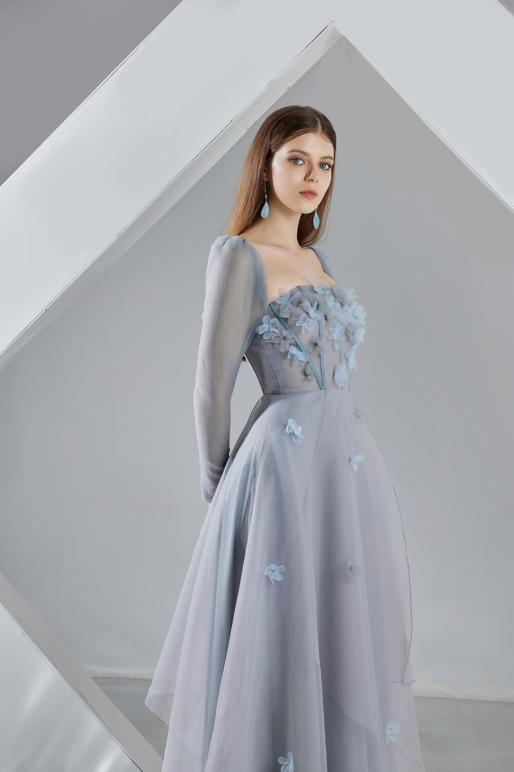 Hayley Flared Long Sleeved Organza Ankle Length Dress