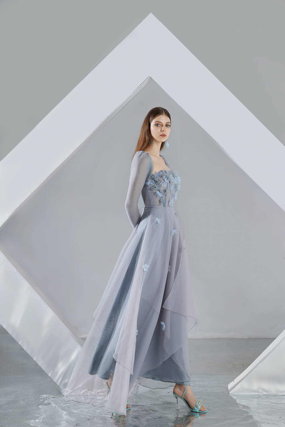 Hayley Flared Long Sleeved Organza Ankle Length Dress