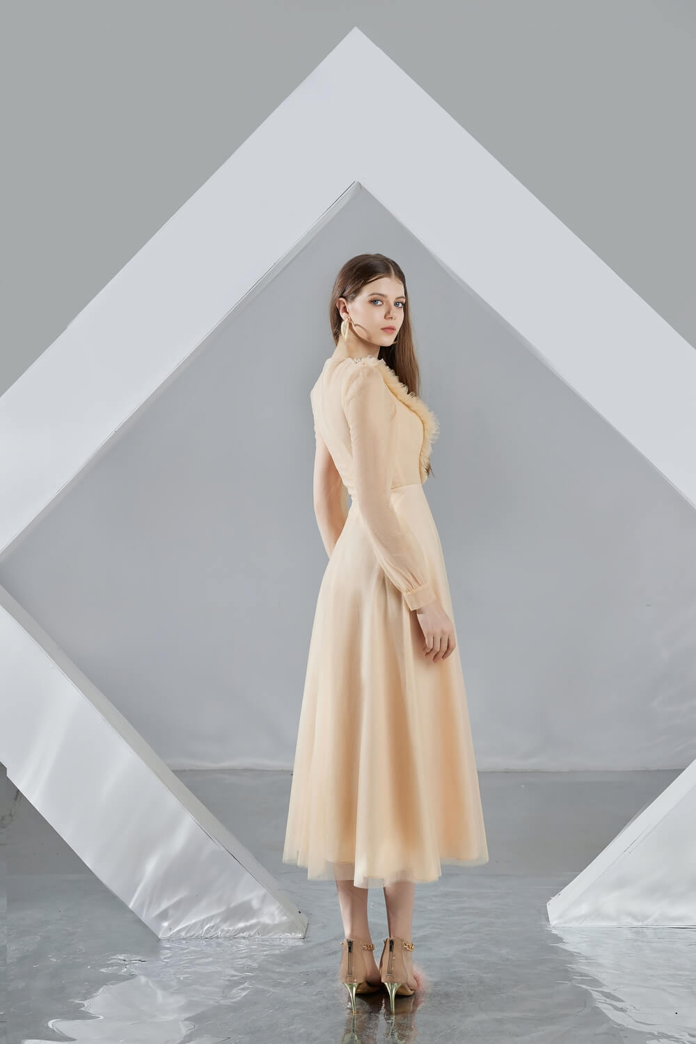 Della Pleated Long Sleeved Organza Midi Dress