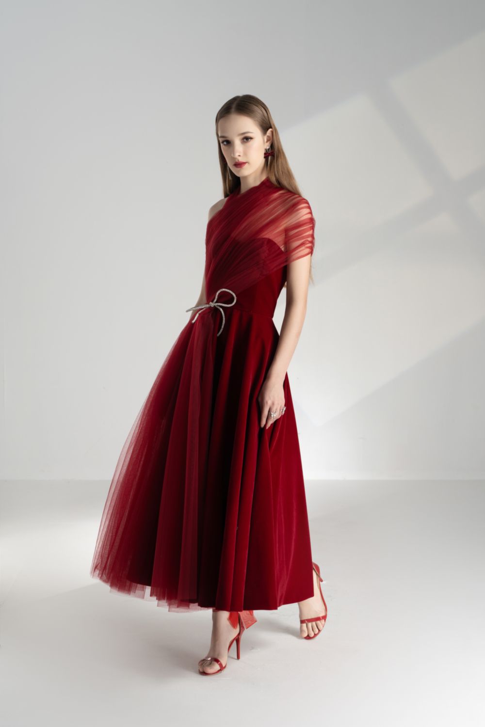 Leslie Fit and Flare Crossover Mesh Taffeta Maxi Dress