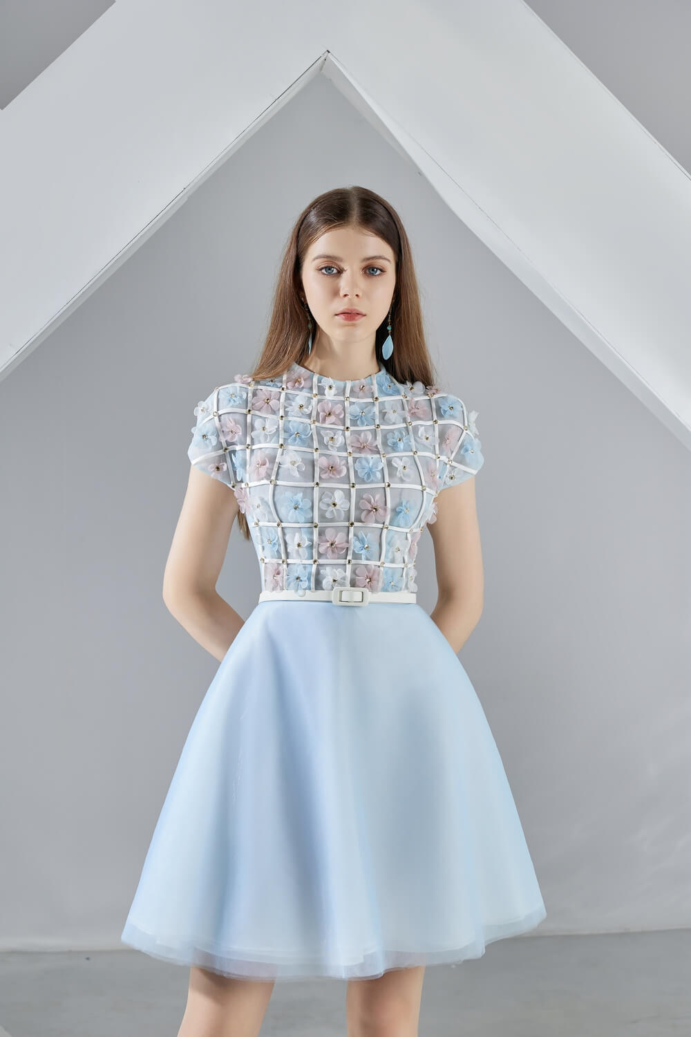 Macy A-line Short Sleeved Organza Mini Dress
