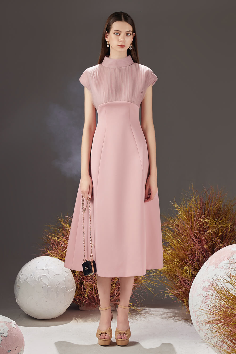Women's Butler A-line Pleated Chest Taffeta Silk Midi Dress XS/S/M/L/XL Black/Pink/Brown Women's Butler A-line Pleated Chest Taffeta Silk Midi Dress XS/S/M/L/XL Black/Pink/Brown