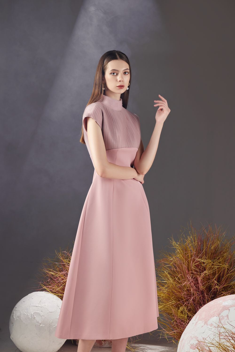 Butler A-line Pleated Chest Taffeta Silk Midi Dress