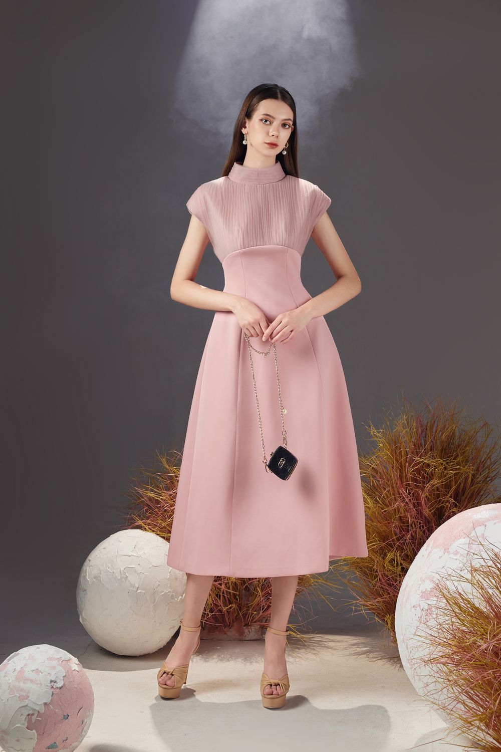 Butler A-line Pleated Chest Taffeta Silk Midi Dress