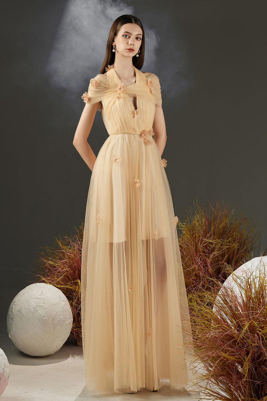 Chandler Pleated Halter Neck Mesh Sheer Maxi Dress -