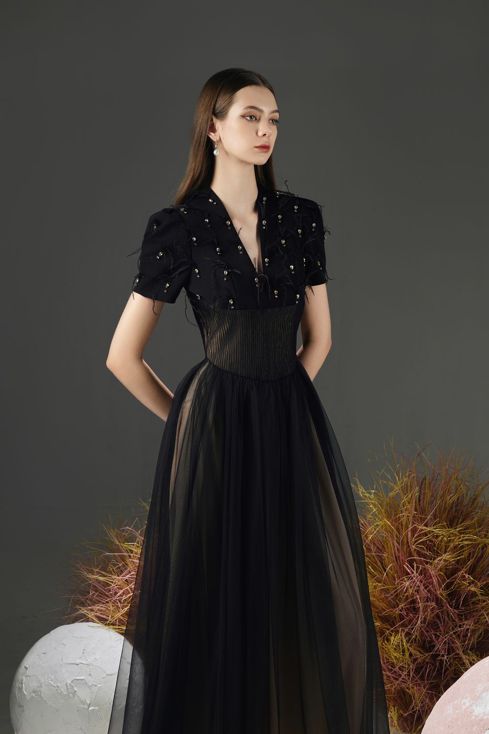 Cosmo Gathered V-Neck Mesh Taffeta Ankle Length Dress