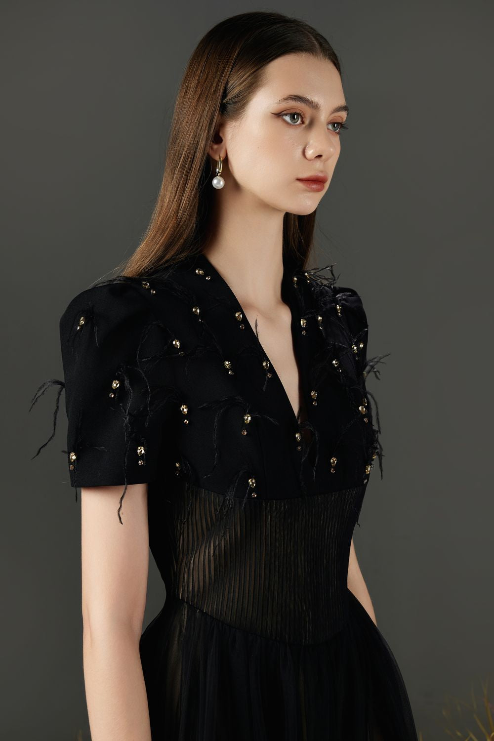 Cosmo Gathered V-Neck Mesh Taffeta Ankle Length Dress