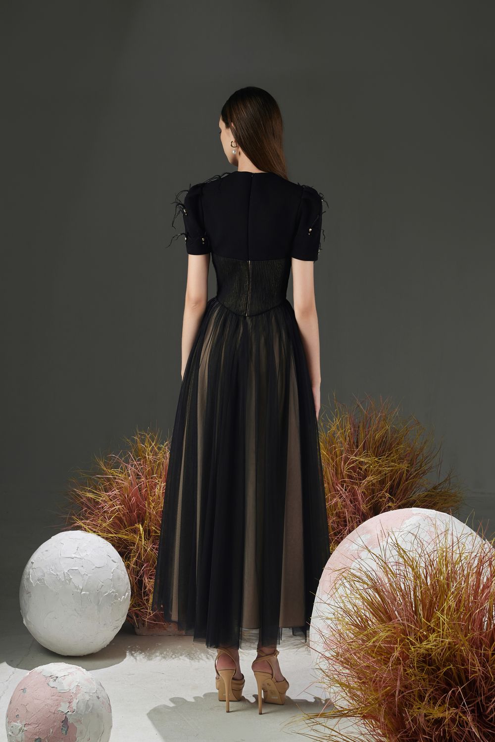 Cosmo Gathered V-Neck Mesh Taffeta Ankle Length Dress