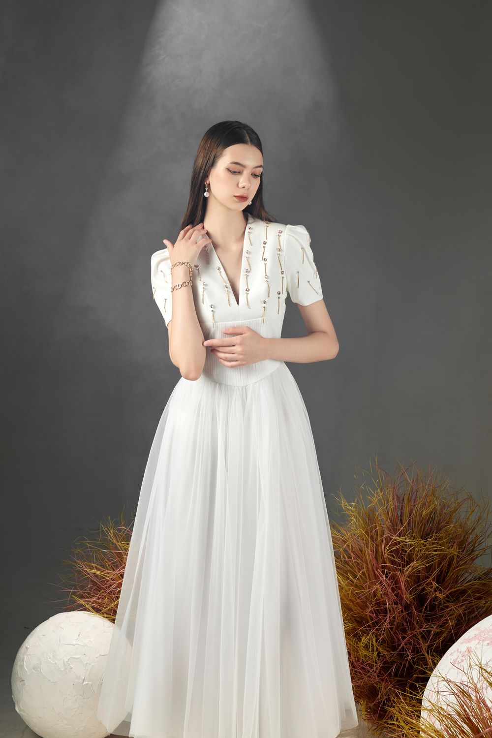 Cosmo Gathered V-Neck Mesh Taffeta Ankle Length Dress