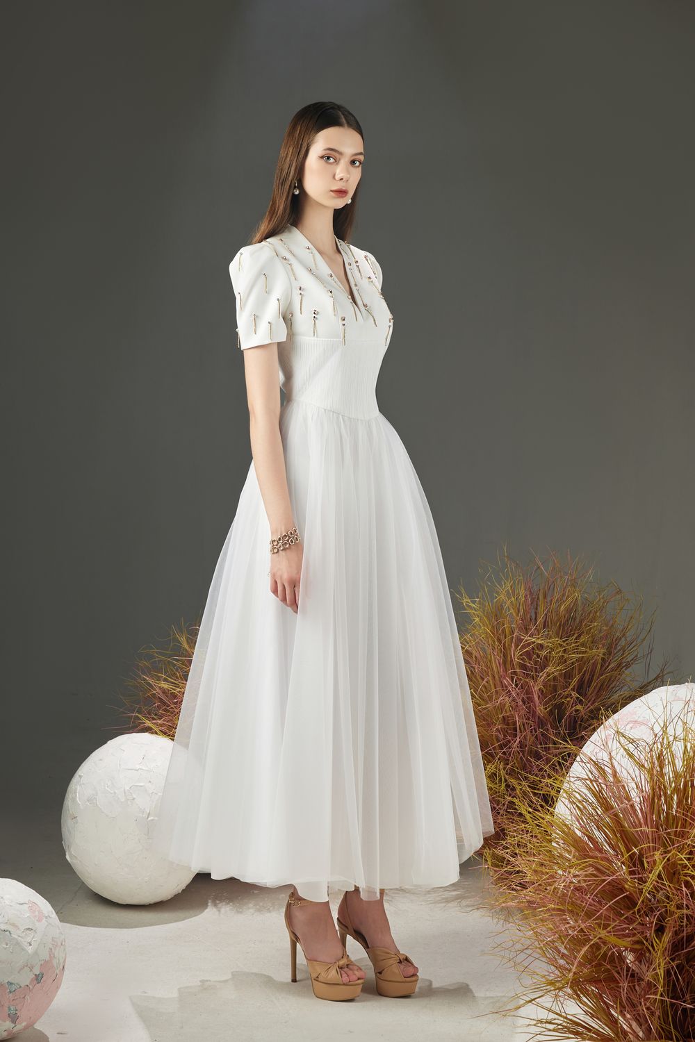 Cosmo Gathered V-Neck Mesh Taffeta Ankle Length Dress