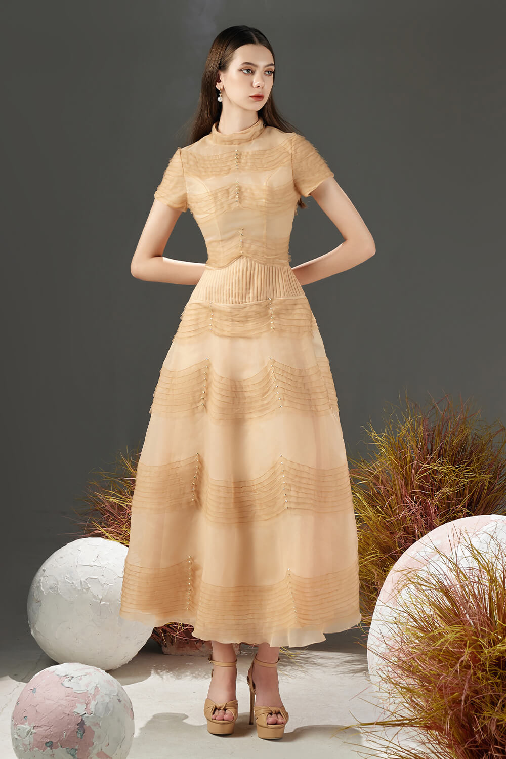 Women's Davie A-line Waist Pleated Organza Midi Dress XS/S/M/L/XL Beige Women's Davie A-line Waist Pleated Organza Midi Dress XS/S/M/L/XL Beige