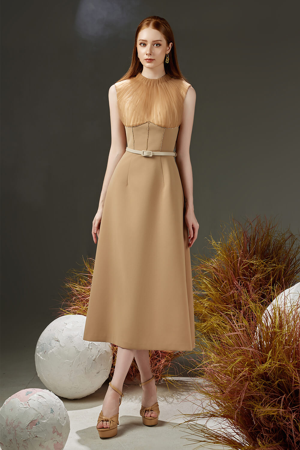 Women's Dudley A-line Pleated Neck Organza Midi Dress XS/S/M/L/XL Brown Happy Clothing Women's Dudley A-line Pleated Neck Organza Midi Dress XS/S/M/L/XL Brown Happy Clothing