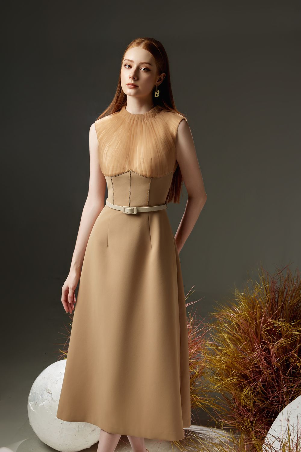 Dudley A-line Pleated Neck Organza Midi Dress