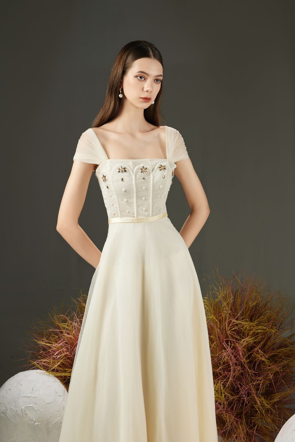 Farlay A-line Pleated Sleeved Organza Maxi Dress