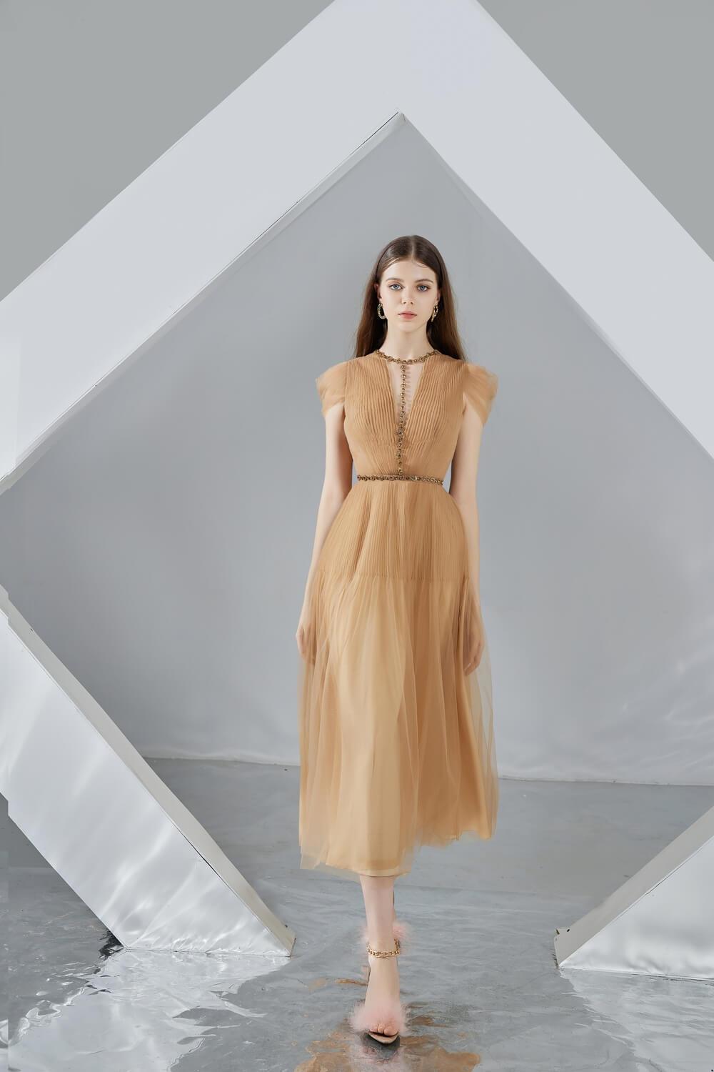 Florence A-line Puffy Sleeved Organza Midi Dress
