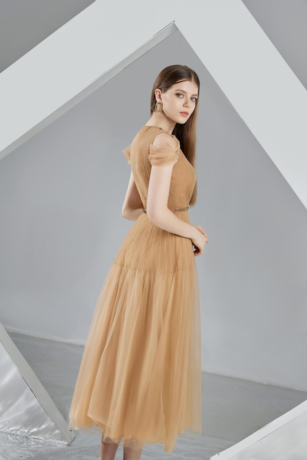 Florence A-line Puffy Sleeved Organza Midi Dress