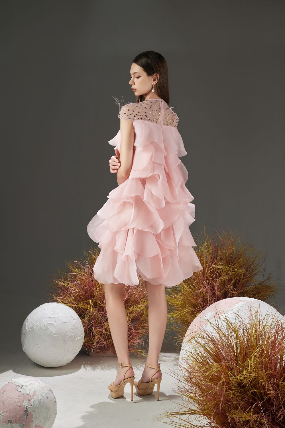 Jenny Layered Round Neck Organza Knee-length Dress