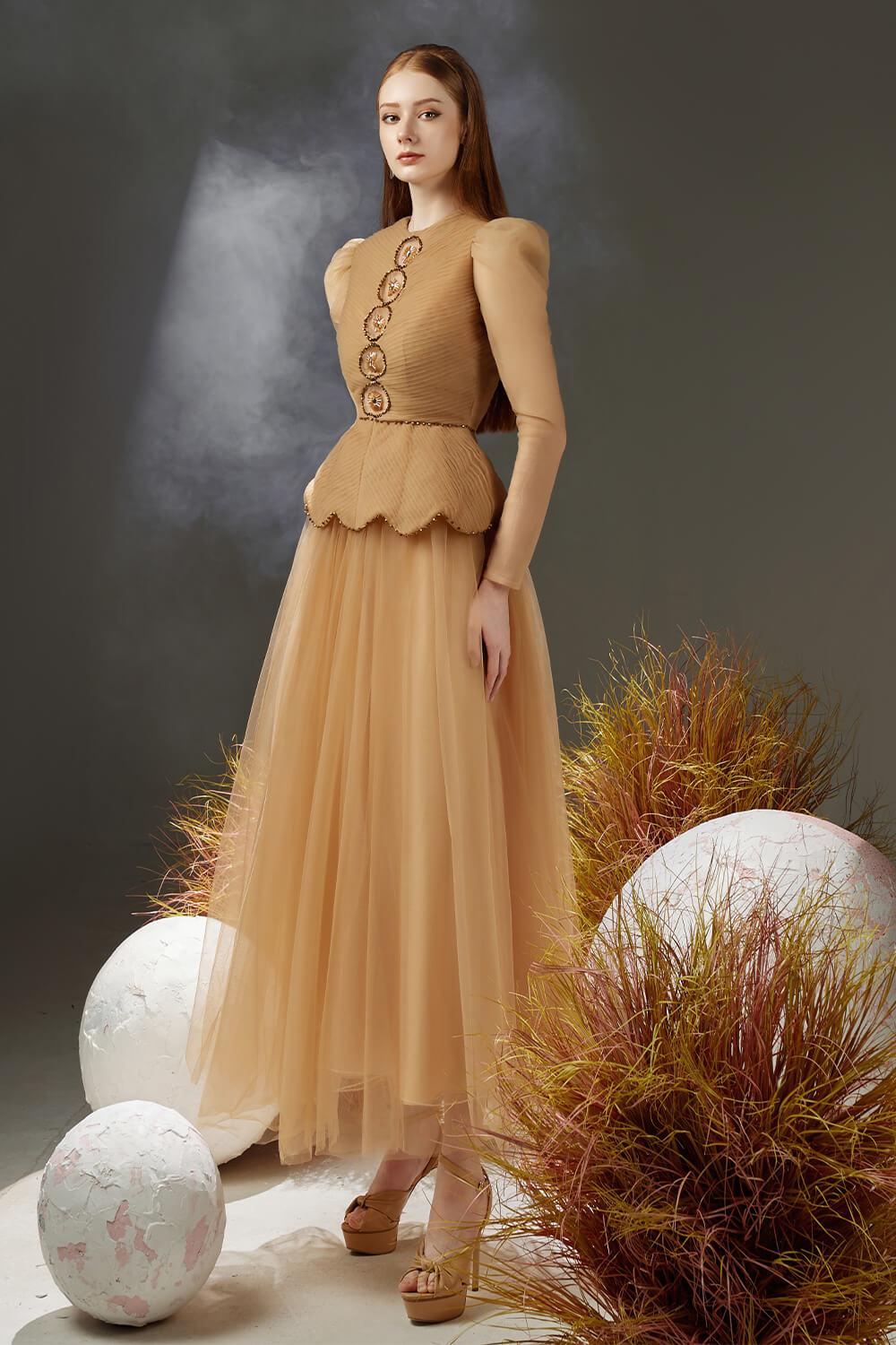 Josie Peplum Leg Of Mutton Sleeved Taffeta Maxi Dress -