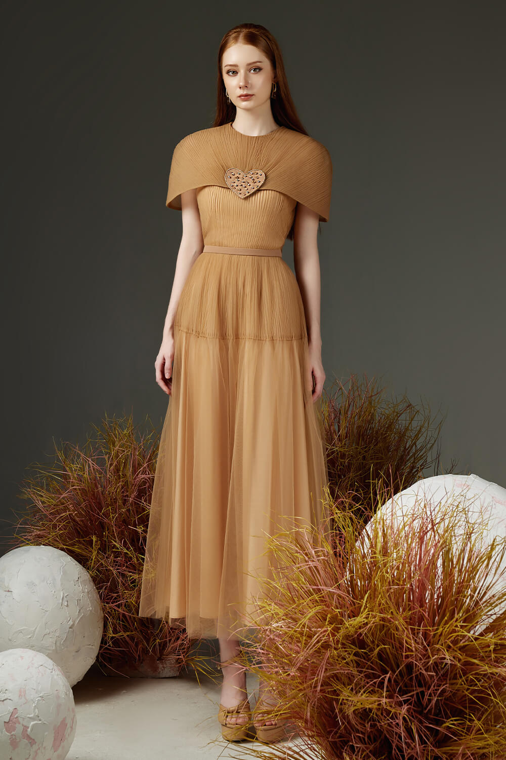 Women's Mason Pleated Cape Sleeved Mesh Sheer Ankle Length Dress XS/S/M/L/XL Brown Happy Clothing Women's Mason Pleated Cape Sleeved Mesh Sheer Ankle Length Dress XS/S/M/L/XL Brown Happy Clothing