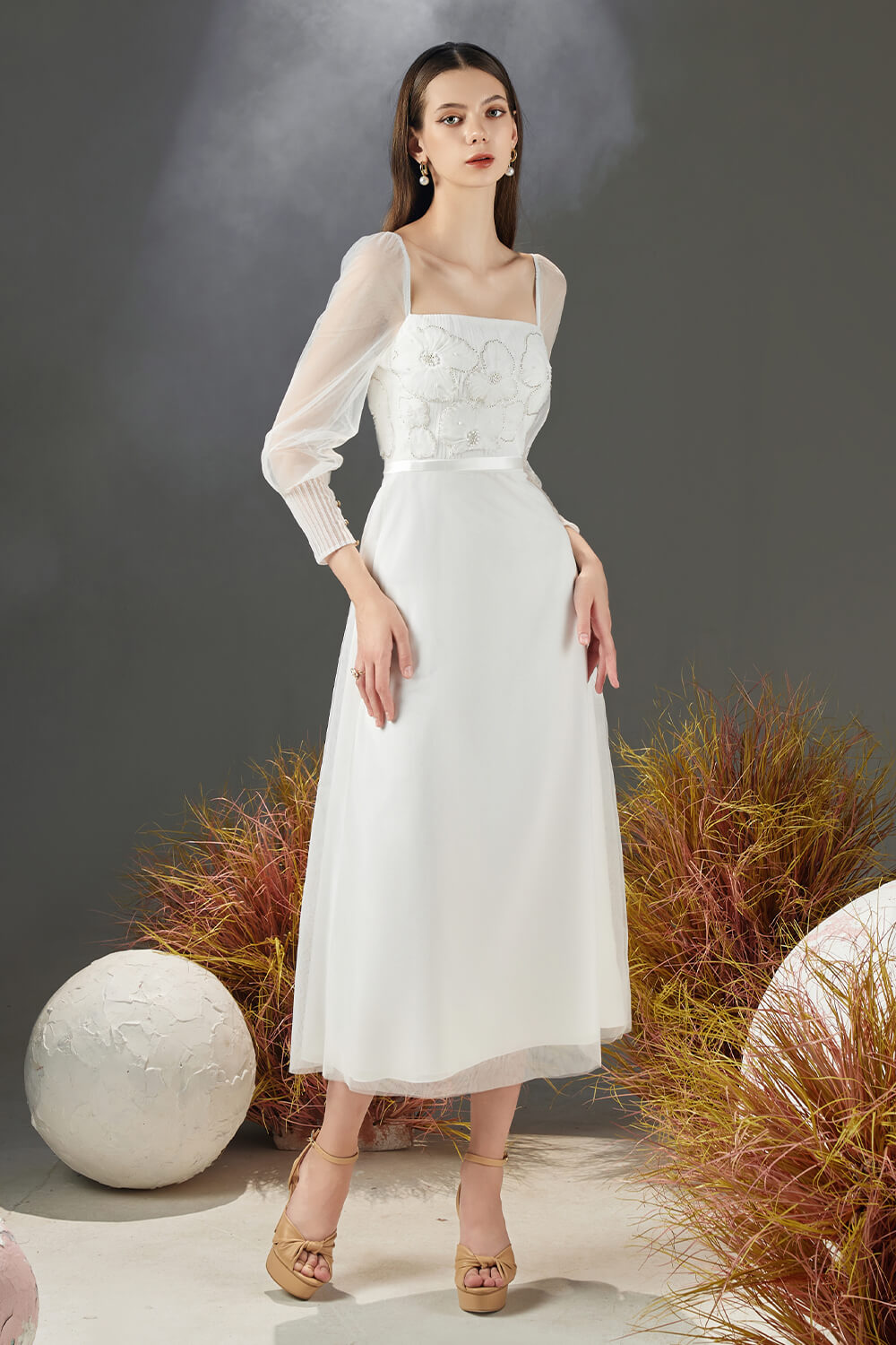 Women's Natalie A-line Square Neck Organza Midi Dress XS/S/M/L/XL White Happy Clothing Women's Natalie A-line Square Neck Organza Midi Dress XS/S/M/L/XL White Happy Clothing