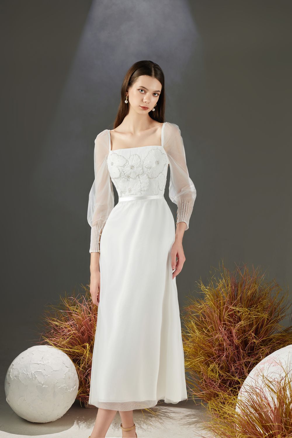 Natalie A-line Square Neck Organza Midi Dress