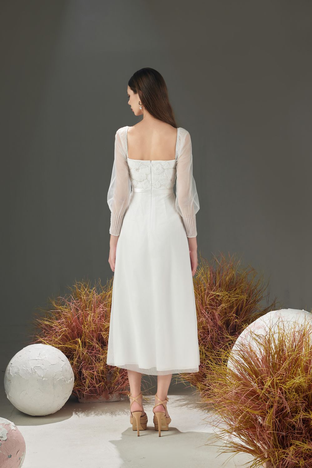 Natalie A-line Square Neck Organza Midi Dress