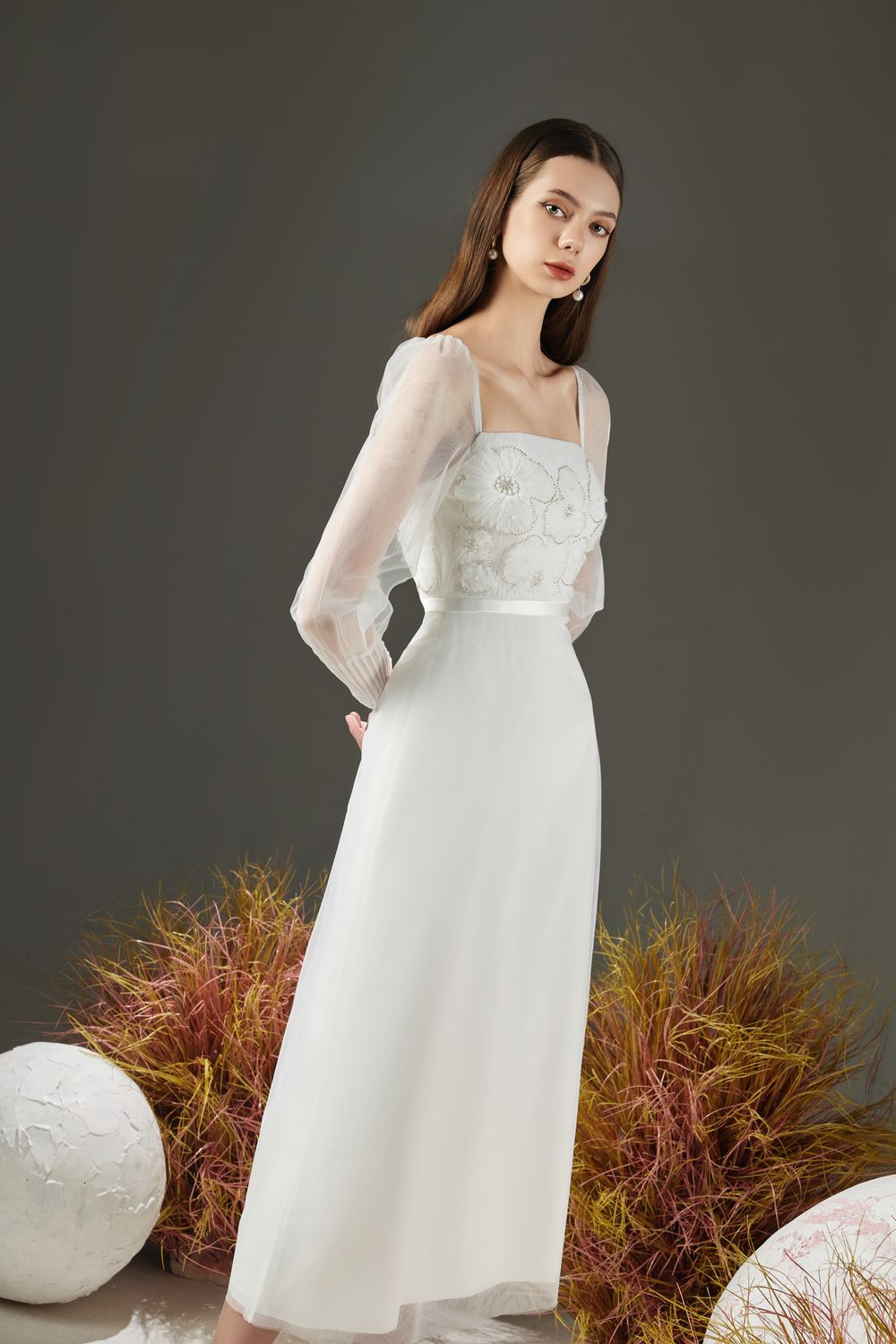 Natalie A-line Square Neck Organza Midi Dress