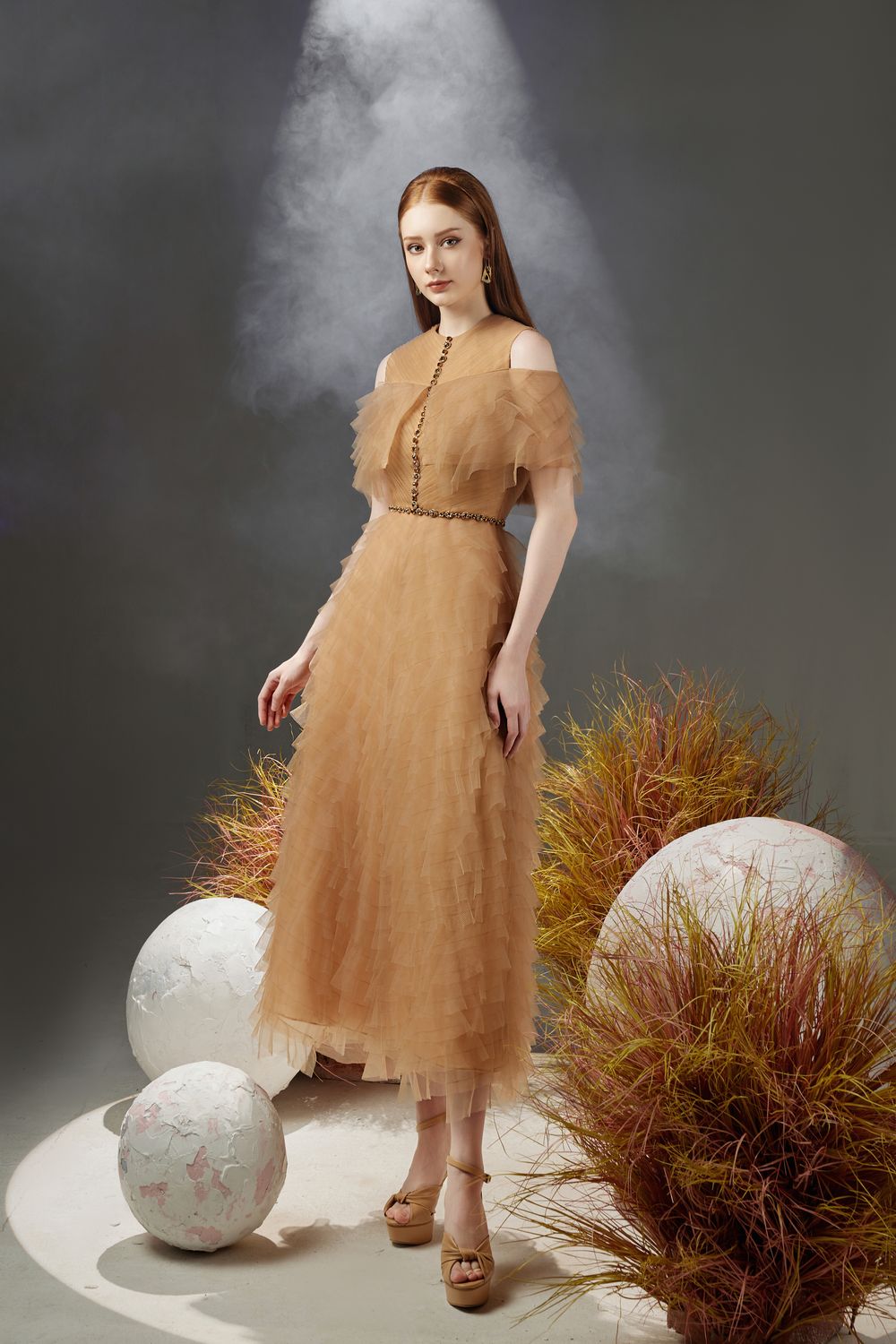 Reynolds Layered Cold Shoulder Sleeved Organza Midi Dress