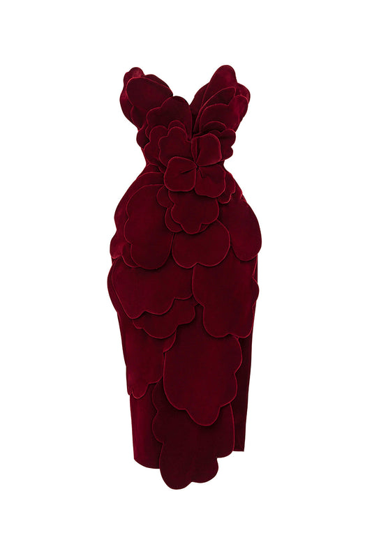 Velour Pegged Flower Applique Polyester Midi Dress