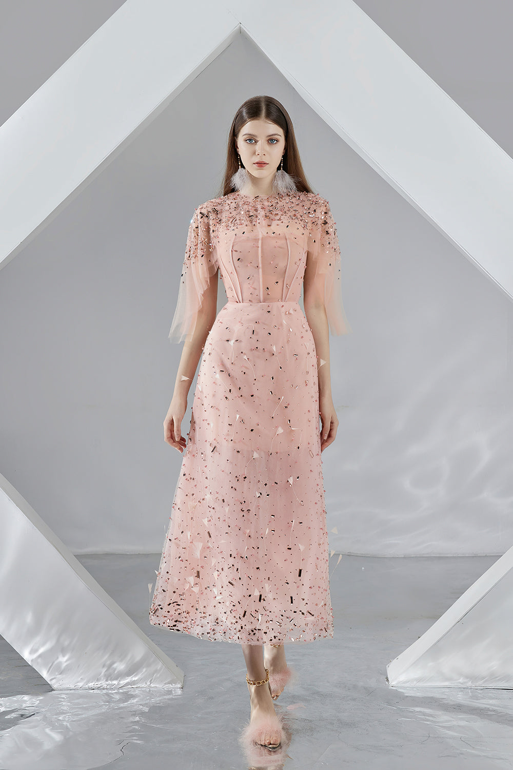 Mariam Straight Flare Sleeved Organza Midi Dress