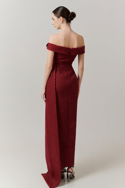 Rosette Off-Shoulder Applique Maxi Dress