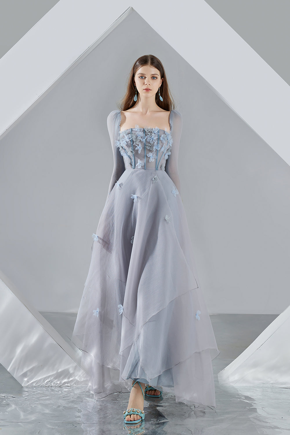 Hayley Flared Long Sleeved Organza Ankle Length Dress